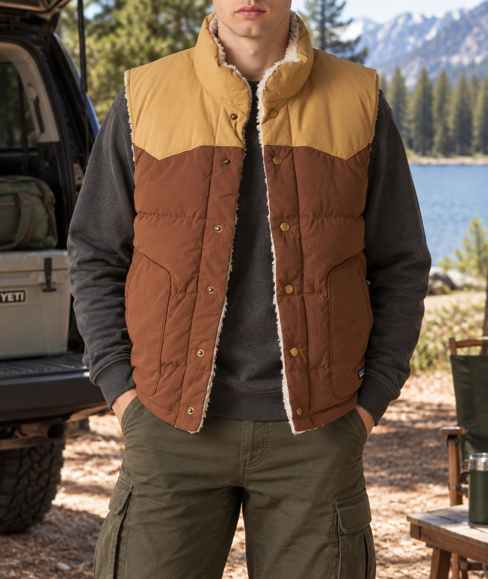 Patagonia Reversible Bivy Down Vest Men's XL Moose Brown Sherpa Fleece $229